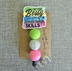 Bossy Leadership Skills Blue Pink Beaded Retractable Name Badge ID Reel Holder